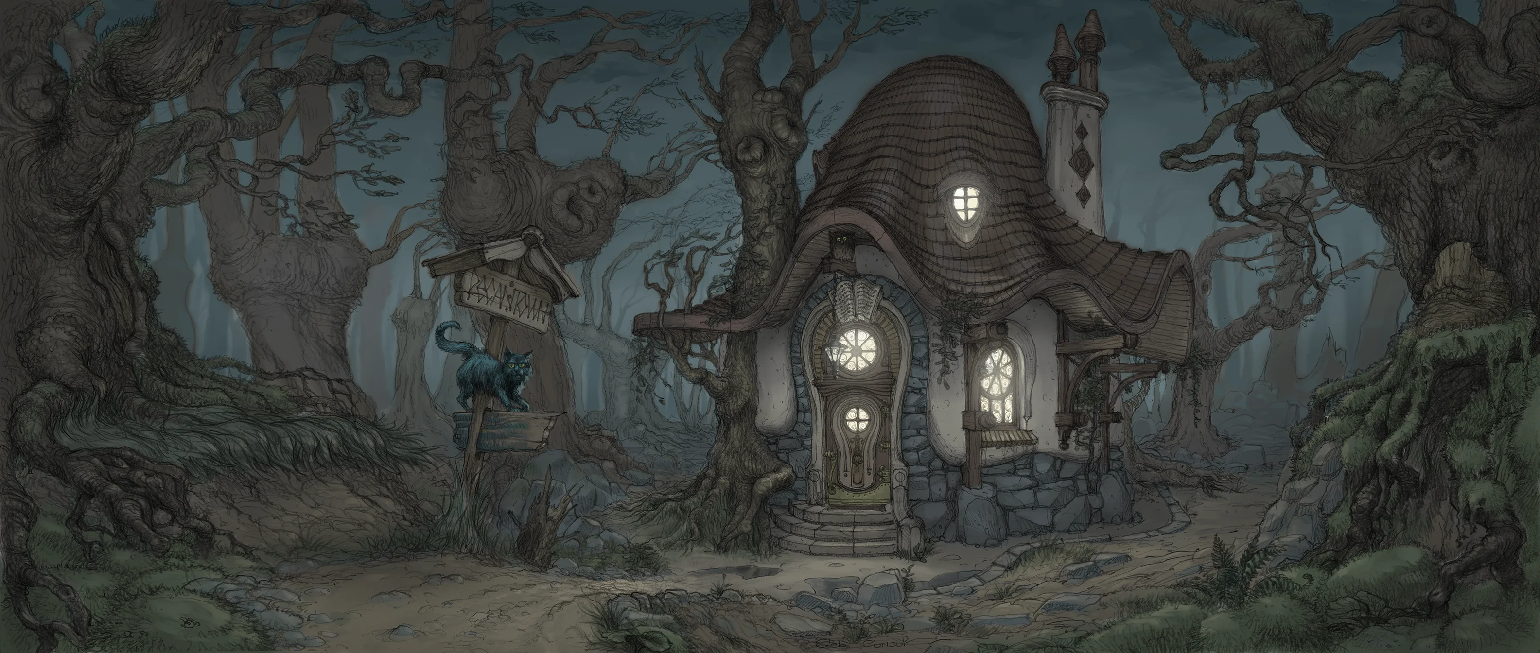 The storm-lit bookshop from The Book Mage of Scurry Hollow
