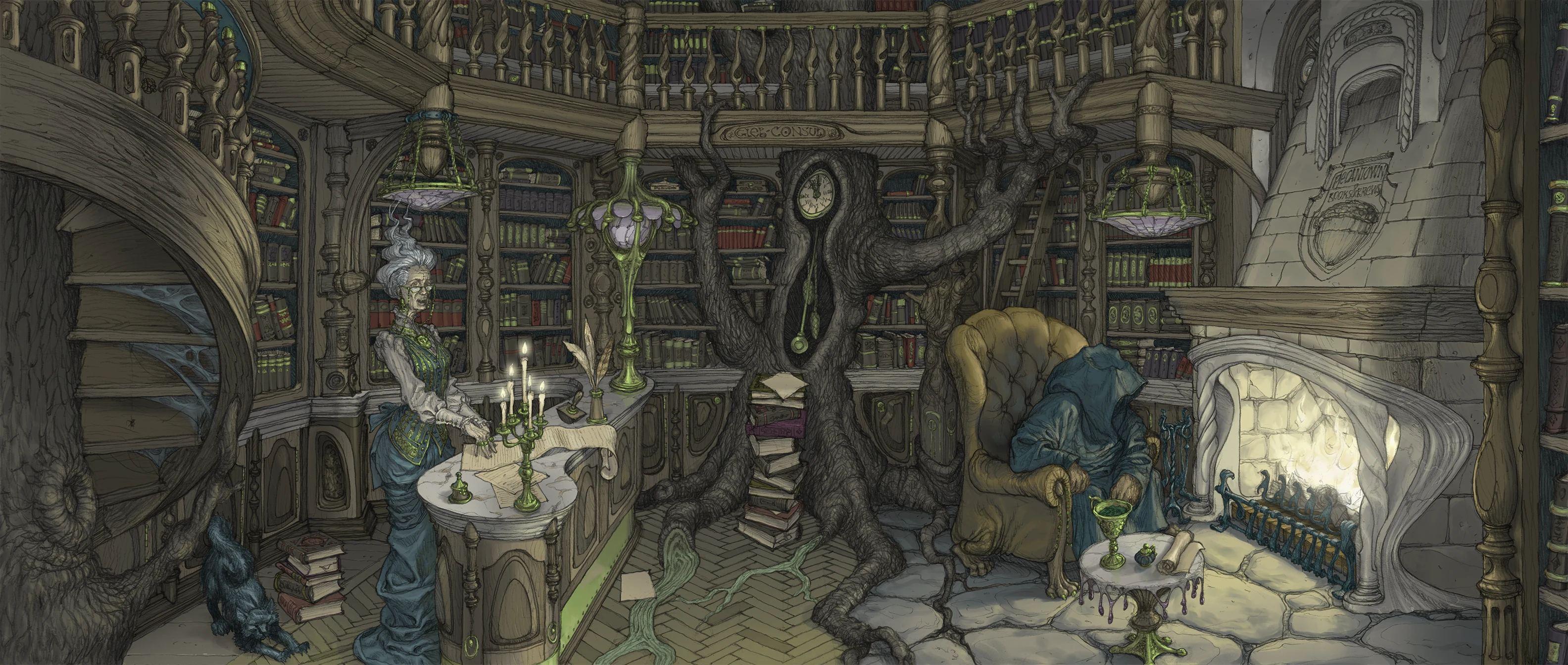 Inside the enchanted bookshop — warm shelves, a mysterious hooded figure, and a glowing cat